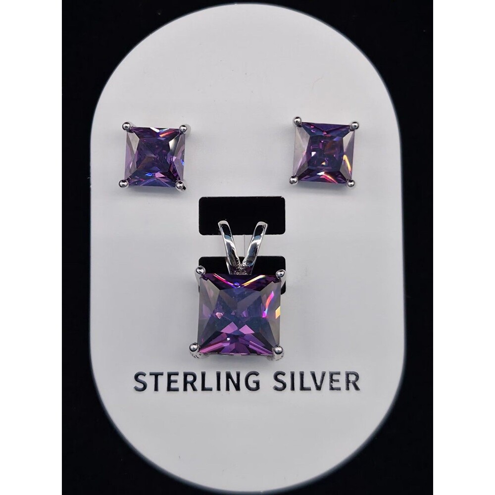 Sterling Silver Amethyst Square Jewelry Set 8mm/6mm
